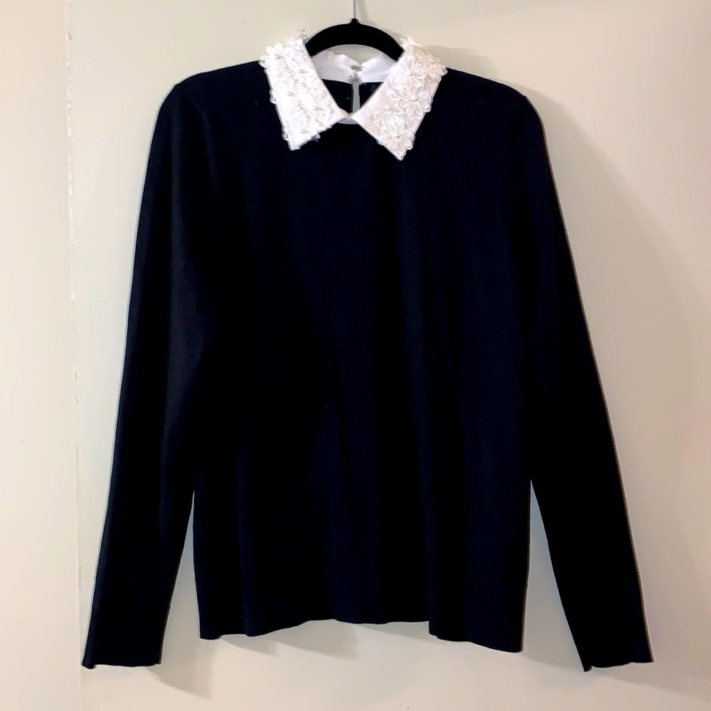 NWT Black long-sleeve sweater with white collar embellished with flowers & beads